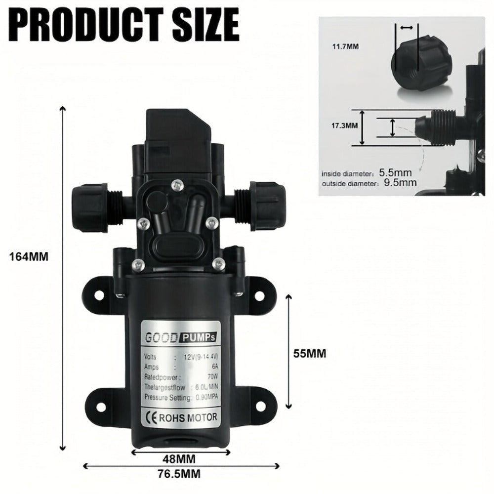 12V DC High Pressure Diaphragm Water Pump 70W Self Priming Pump 6L/Min 0.9MPA Portable Booster Pump for RV Caravan Boat Sprayer Cooling Welding Drill Cleaning Water Transfer