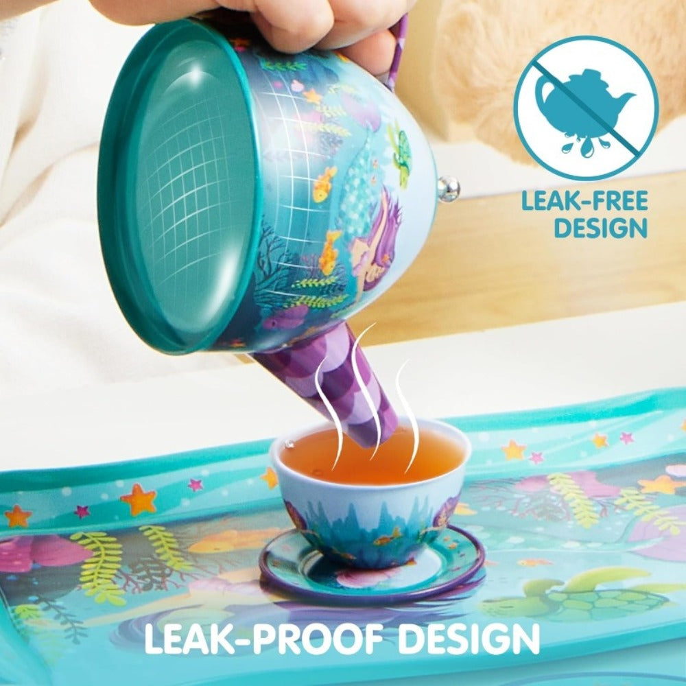 Mermaid Tea Party Set for Girls 21pcs – Tin Teapot, 4 Cups, Saucers, Plates & Carrying Case | Pretend Play Kitchen Toy for Toddlers, Birthday & Christmas Gift for Girls Ages 3 4 5 6