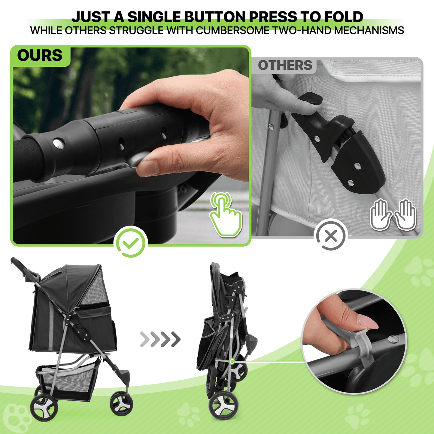 Pet Jogger Stroller 3-Wheel for Small & Medium Dogs & Cats up to 33 lbs - Foldable Oxford Waterproof Dog Cat Pram with 360° Swivel Wheels, Shock Absorber, Rear Brakes, Cup Holder & Storage Basket, 11 Colors