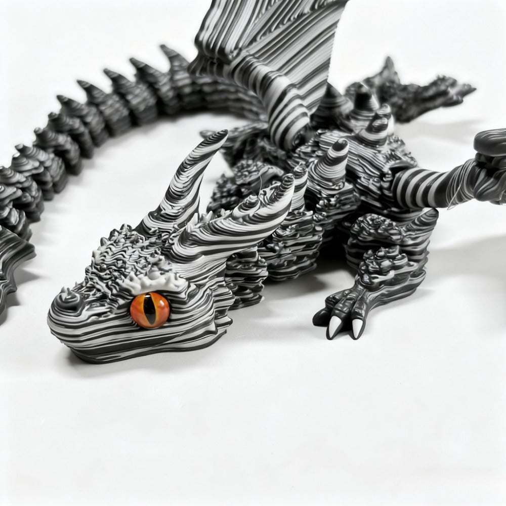 Articulated Cybernetic Dragon Statue – 3D Printed Black & White Swirl Fidget Figurine with Random Eye Color, Poseable Collectible Fantasy Art for Desktop Display, Cool Gift for Teens & Adults 14+