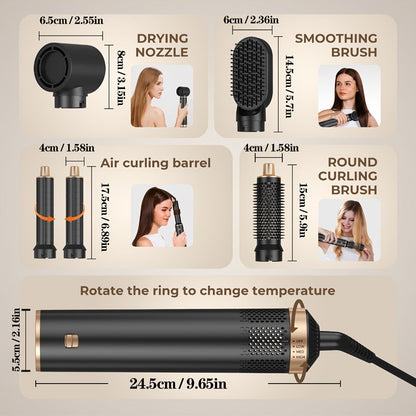 5-in-1 Hot Air Brush Negative Ion Hair Styler Blow Dryer Curler Straightener Volumizer Frizz Control Smooth Finish Multi-Function Styling Brush All Hair Types Women Black Grey Pink Salon Quality