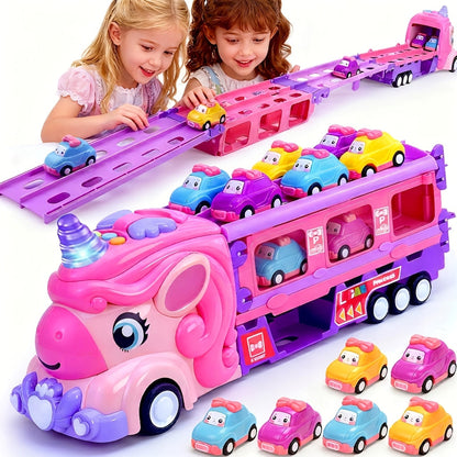Pink Unicorn Monster Truck Track Set with 8 Princess Cars, Lights & Sounds – Friction Power 2-Player Fold-Out Track Toy for Girls Boys Ages 3+, Birthday Holiday Gift