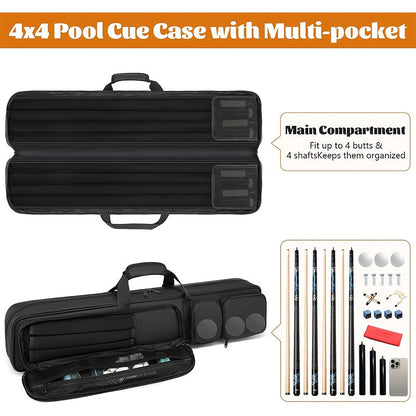 Pool Cue Case 4x4 with Hidden Backpack Strap | Billiard Cue Bag Holds 4 Butts & 4 Shafts | Hard Shell Pool Stick Carrying Case with Large Front Accessory Pockets | Black