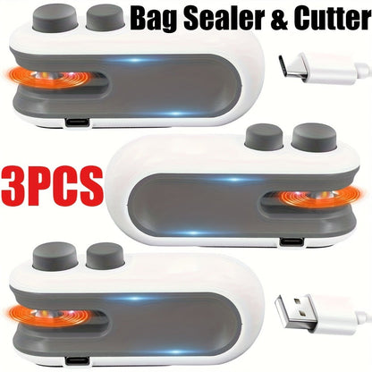 Bag Sealer Handheld Heat Sealer 3-Pack – USB-C Rechargeable 2-in-1 Magnetic Food Sealer with Cutter, Snack Bag Resealer for Plastic Bags, Kitchen Food Freshness, Home & Outdoor Use