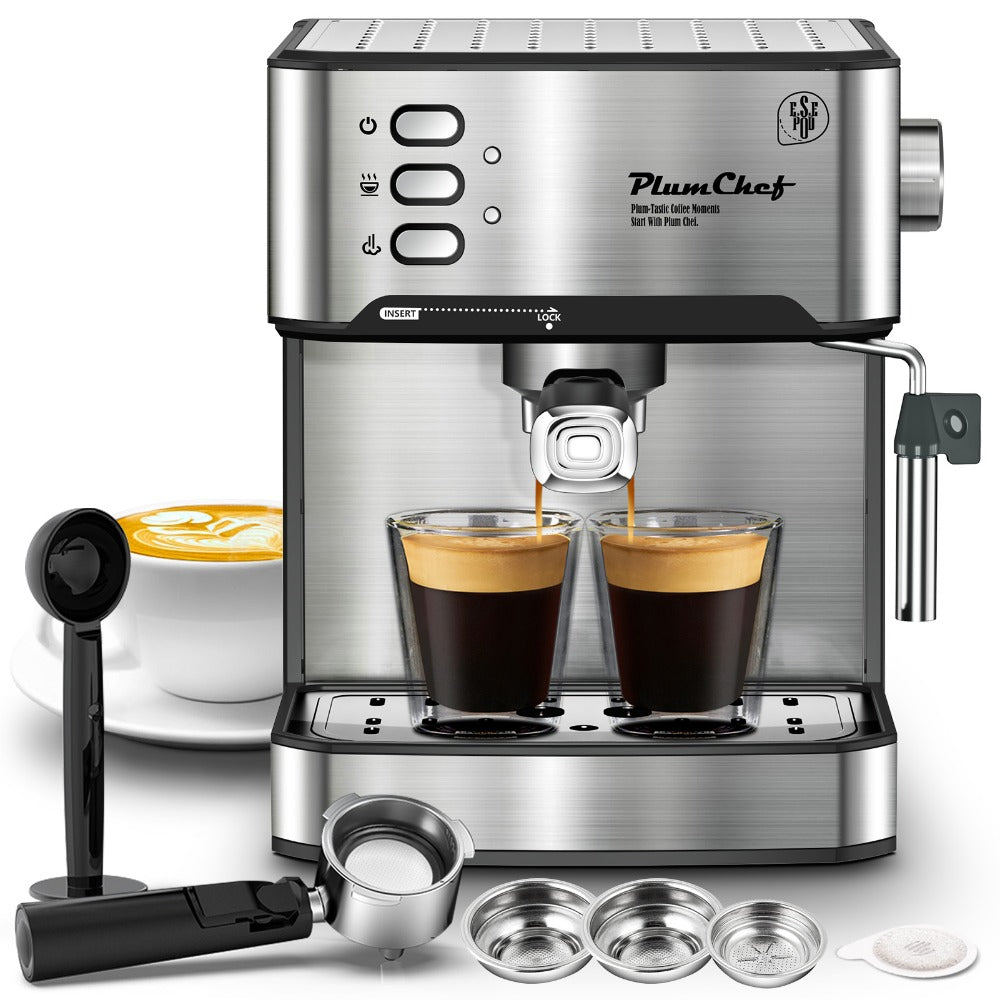 20 Bar Espresso Machine 950W – Stainless Steel Espresso & Cappuccino Latte Maker with Steam Wand Milk Frother, 49.03oz Water Tank, ESE Pod Filter, Home Barista Coffee Machine – Black, Pressure Gauge