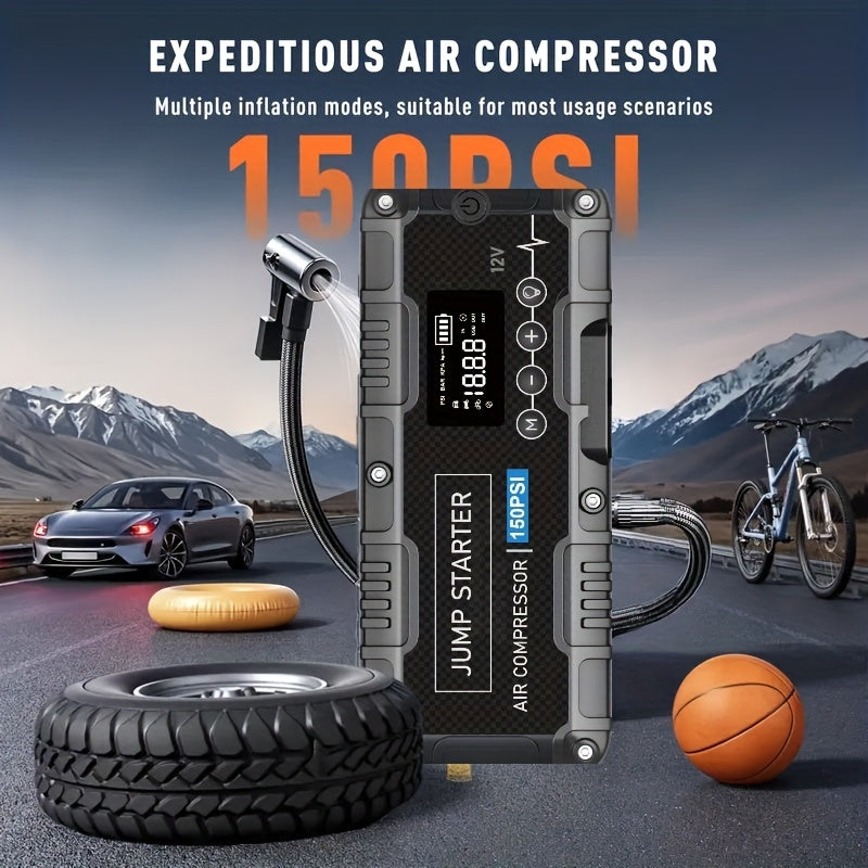8000mAh Multifunctional Emergency Start Power with Air Pump, 150PSL Portable Car Battery Starter, Digital Tire Inflator, Portable Vehicle Battery Charger, Suitable for 2.64 Gallon Gas Or 2.38 Gallon Diesel Batteries Car Jumper Starter Portab