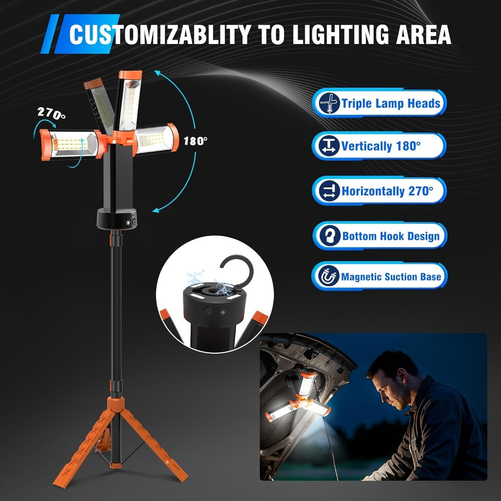 Rechargeable Camping Light 12000mAh with 79 Inch Detachable Tripod Stand – Dimmable 3-Head LED Work Light, Magnetic Base, Cordless Emergency Flashlight for Camping Jobsite Outdoor Power Outage