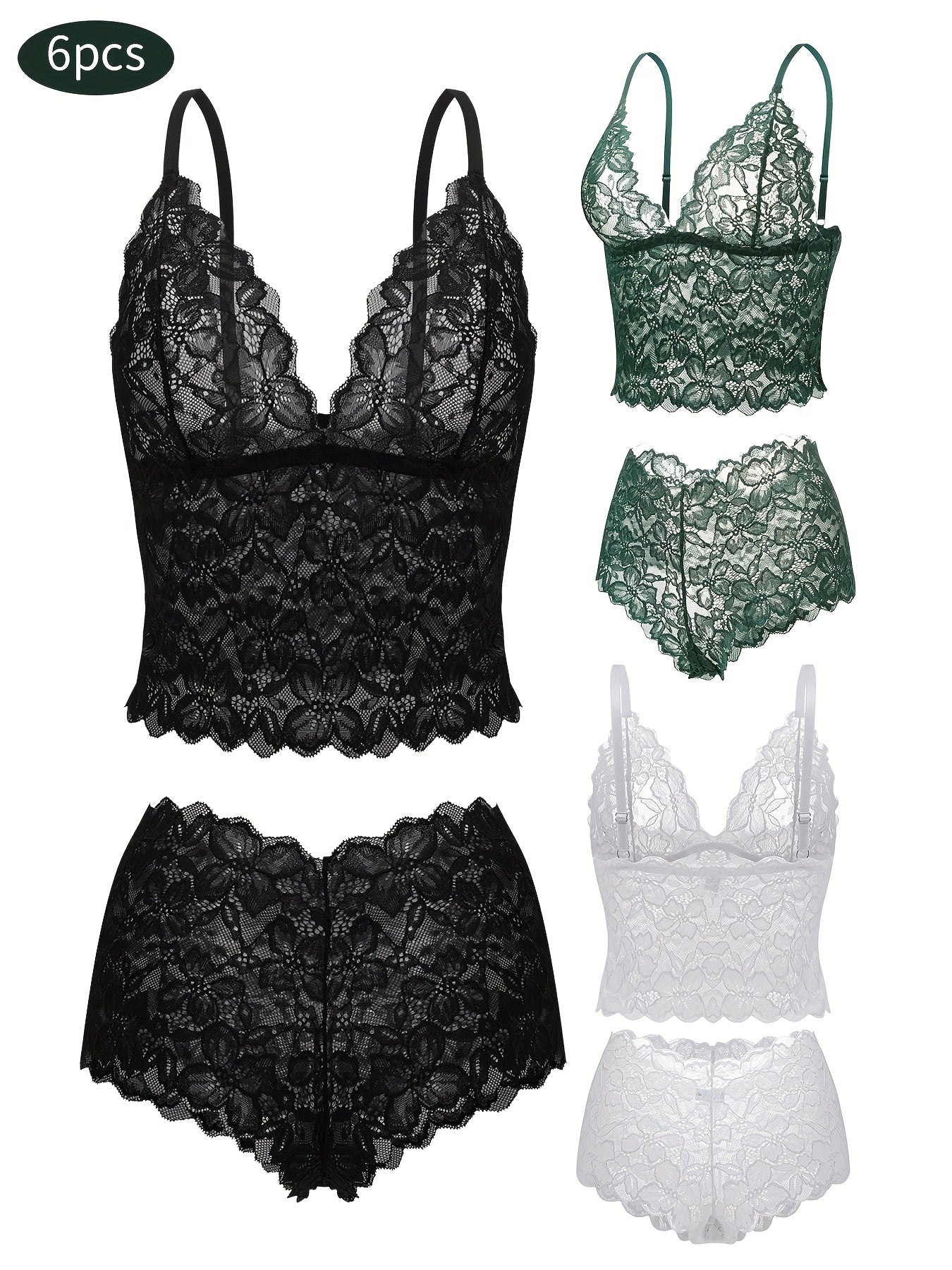 6-Pack Women's Bra and Panty Lingerie Set - Floral Lace Coordinated Style