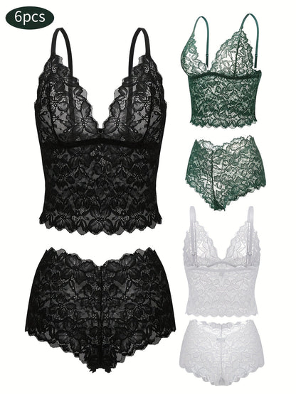 6-Pack Women's Bra and Panty Lingerie Set - Floral Lace Coordinated Style