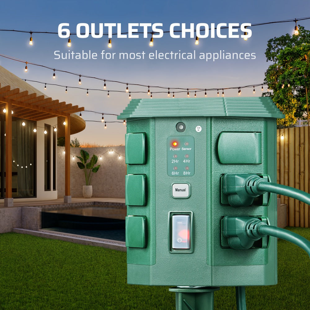 Outdoor Power Stake Timer 6 Outlet Weatherproof – 100FT Wireless Remote Control, Dusk to Dawn Photocell Sensor, 7 Timer Modes, 6FT Cord, Overload Protection for Garden Yard Christmas Holiday Lights
