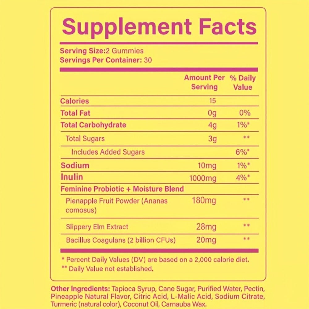Feminine Probiotic Gummies 60-Count 30-Day Supply with Bacillus Coagulans & Slippery Elm - pH Balance Odor Control Vaginal Moisture Support - Vegan Gluten-Free Pineapple Flavor Women