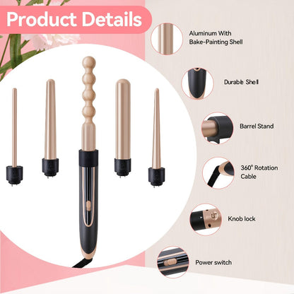 5-in-1 Curling Wand Set Ceramic Interchangeable Barrels 0.4-1.25 Inch - 30s Fast Heat Dual Voltage Auto Shut-Off Hair Curler Iron with Heat Glove for Women Long Short Hair
