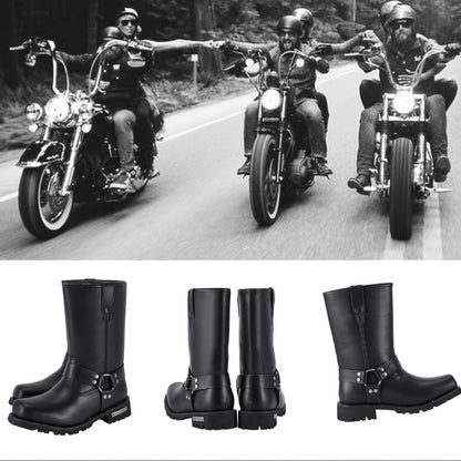 Men's Motorcycle Boots 11" Harness – PU Leather Non-Slip Square Toe Mid-Calf Biker Boots, Abrasion Resistant All-Season Riding Boots, Sizes US 8 to US 14, Black
