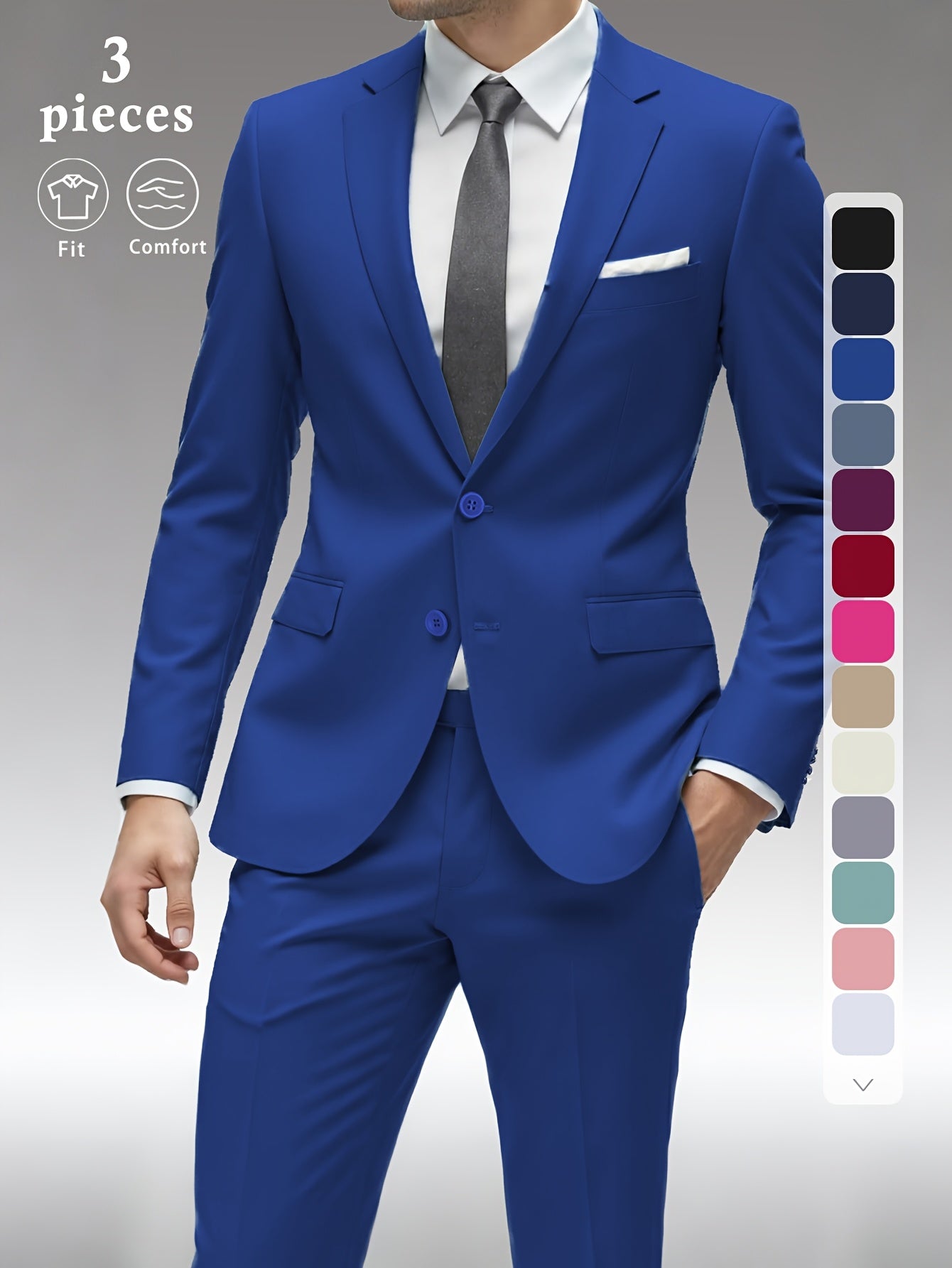 Men's Three-Piece Formal Suit - Slim Fit Solid Color