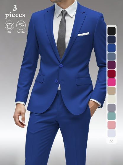 Men's Three-Piece Formal Suit - Slim Fit Solid Color