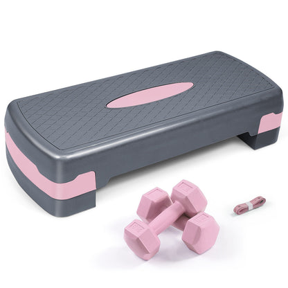 Aerobic Stepper Set with 2 Dumbbells & Measuring Tape – Adjustable Height 4"/6" Exercise Step Platform Non-Slip Workout Stepper for Home Gym, Supports 550 LB, 3 Colors