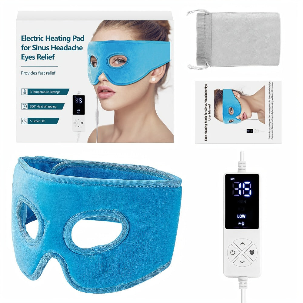 Heated Eye Mask Electric — Warm Compress for Sinus Relief Tension Headache & Eye Fatigue | 3 Temperature 5 Timer Settings Extra Large Eye Pad | Therapeutic Relaxation Self Care Gift for Women Men Blue