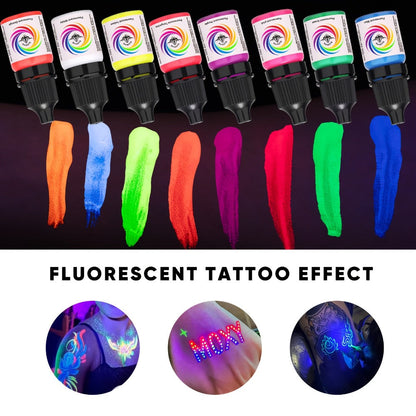 UV Fluorescent Tattoo Ink Set 8 Colors – Professional Long-Lasting Blacklight Tattoo Pigment for Body Art, Permanent Makeup & DIY Tattoo – Vibrant Neon Violet Glow Ink