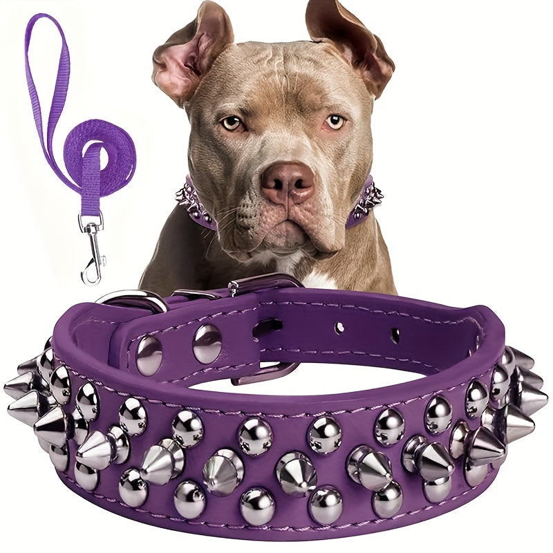 Rivet Dog Collar Bite Resistant with Leash Set, Heavy Duty Metal Buckle Pet Collar for Medium Large Dogs, Adjustable Sizes XS–XXL, Black Pink Red Blue Purple