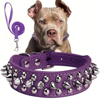 Rivet Dog Collar Bite Resistant with Leash Set, Heavy Duty Metal Buckle Pet Collar for Medium Large Dogs, Adjustable Sizes XS–XXL, Black Pink Red Blue Purple
