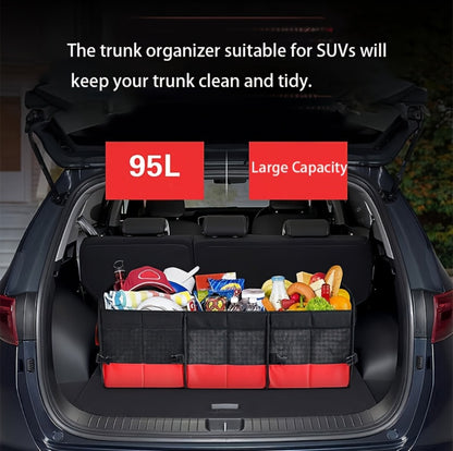 Foldable Car Trunk Organizer 95L – 4-Compartment Storage Box with 2 Retractable Straps, Collapsible Cargo Bin for SUV Truck Minivan – Travel Camping Shopping
