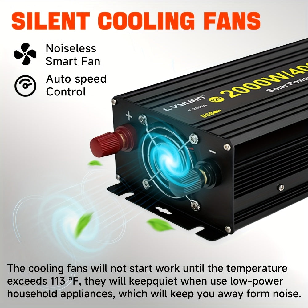 Lvyuan 2000W/4000W Peak/DC 12V to AC 110V/130V Car Power Inverter with LED, 2000W with 2 US Sockets 2 USB Ports for Auto, Vehicle, RV, Outdoor, Home