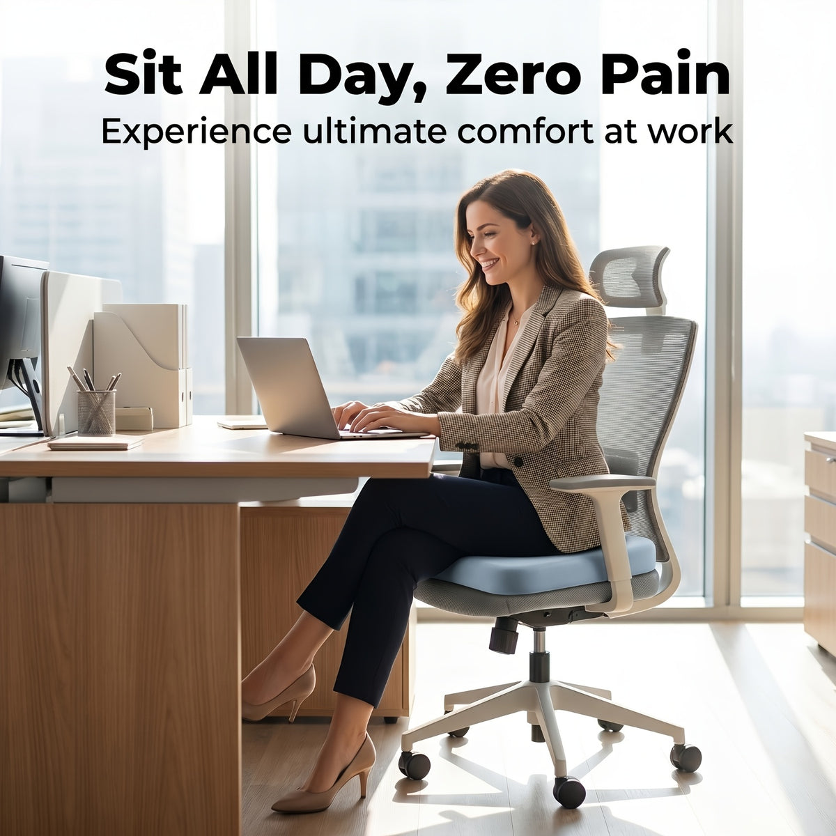 Comfort Seat Pad - 1.5-Inch Resilient Memory Foam Core with Detachable Fabric Cover, Textured Bottom Grip for Office/ School/ Truck Seats, Evenly Distributes Weight for Better Posture