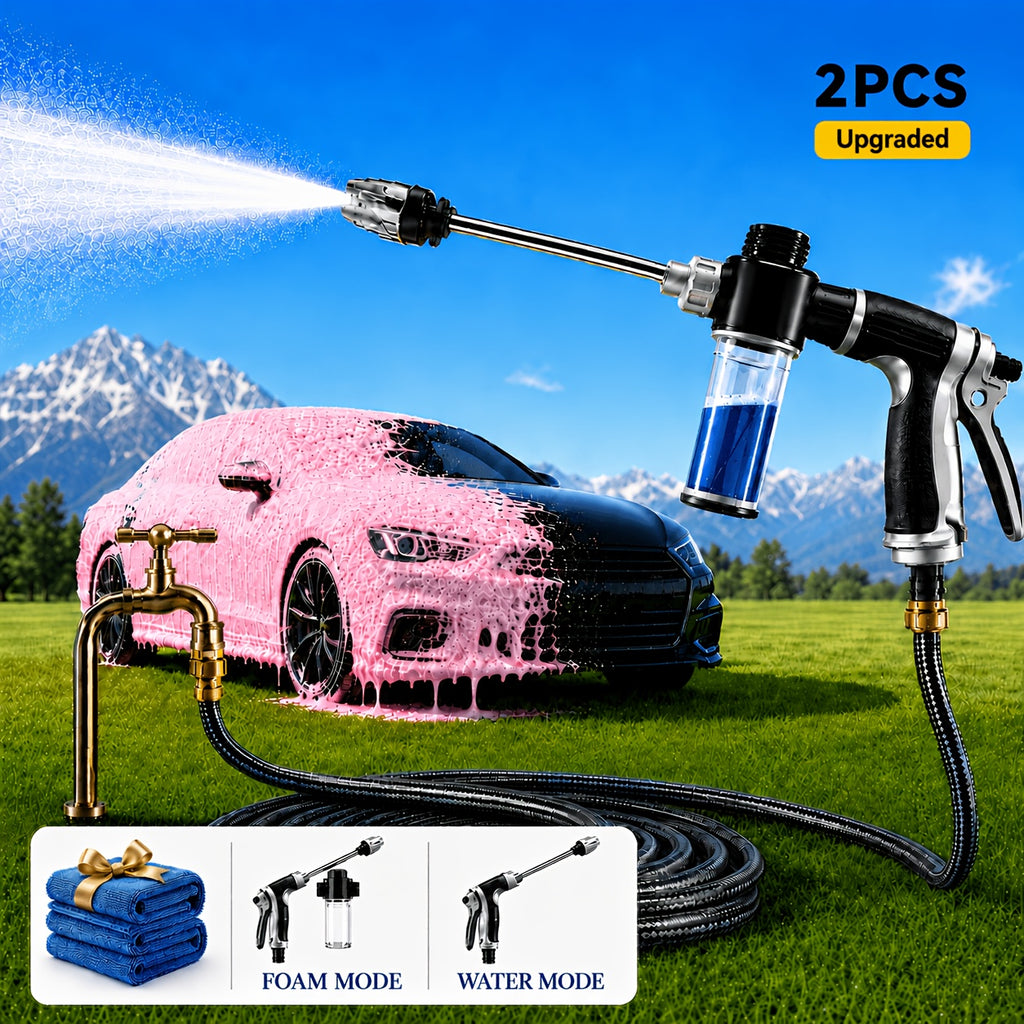2pcs Upgraded Car Wash Sprayer Set | Long Rod Water Gun with Wash Towel, 360° Adjustable Nozzle, Removable Foam Bottle, Easy Setup, No Hose Included, for Car, Motorcycle, Garden & Yard Cleaning