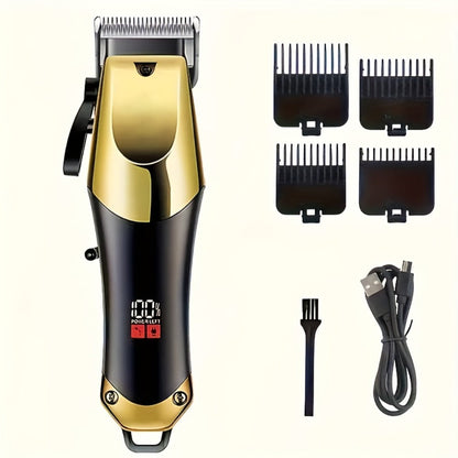 Men's Grooming Kit Hair Clipper Set USB Rechargeable LCD Display - Professional Clipper Razor T-Blade Trimmer 8 Guide Combs & Apron Complete Home Barber Kit Gold Black Gift for Men