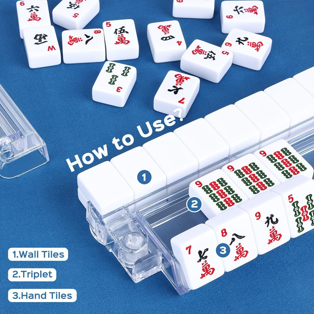 Mahjong Tile Rack and Pusher Set 4pcs Clear Acrylic All-in-One with Storage Bag – Modern American Mahjong Accessories for Game Night, Transparent Tile Rack Gift