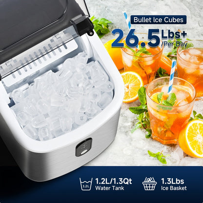 Portable Ice Maker Countertop – Bullet Ice Machine 26-29 Lbs Daily, 9 Ice Cubes in 6 Mins, Self-Cleaning, Quiet Under 45dB, with Handle, Basket & Scoop, for Home, Kitchen, Camping & RV