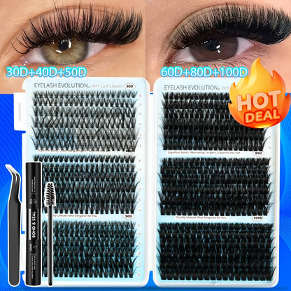 Lash Clusters Kit 720Pcs Individual Eyelash Extensions 30D 50D 80D 100D C Curl Wispy Cluster Lashes with Bond Glue & Tweezers – Complete DIY Lash Extension Kit for Beginners, Natural to Dramatic Eye Look