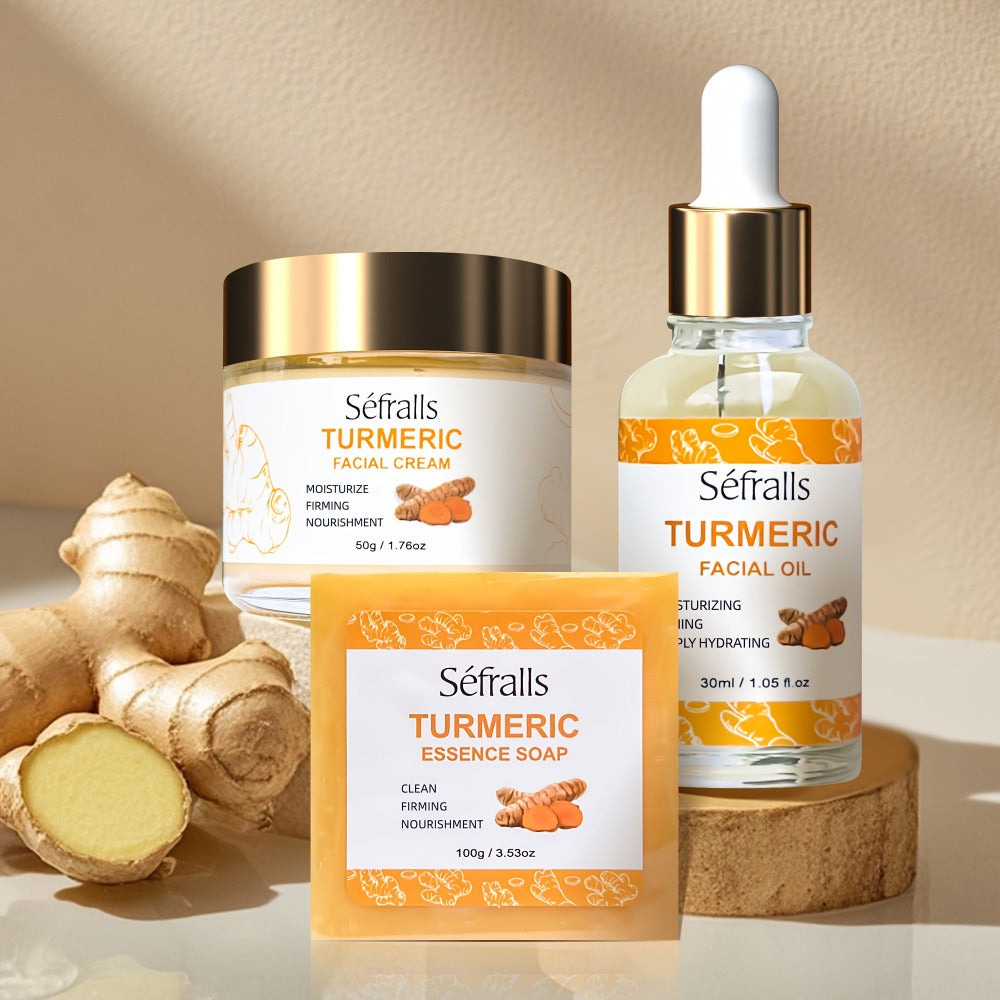 Turmeric Skincare Set 3 Pcs - Turmeric Face Cream, Facial Soap & Essential Oil Kit for Deep Pore Cleansing, Brightening & Moisturizing, Oil Control Skin Care Gift Set for Women & Men
