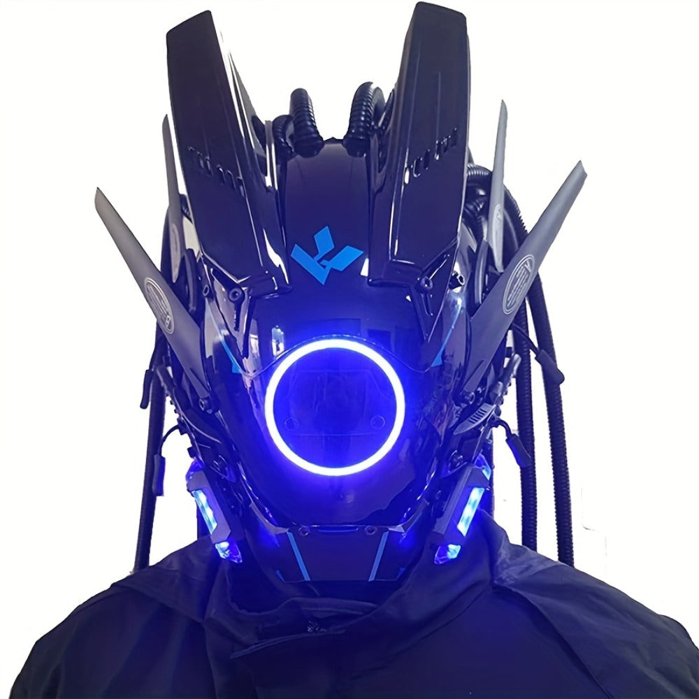 LED Cyberpunk Samurai Mask with Braids – Futuristic Sci-Fi Mechanical Face Mask for Halloween, Cosplay, Music Festival & Rave Party, Blue Green Pink, Free Helmet Included, Adult Gift