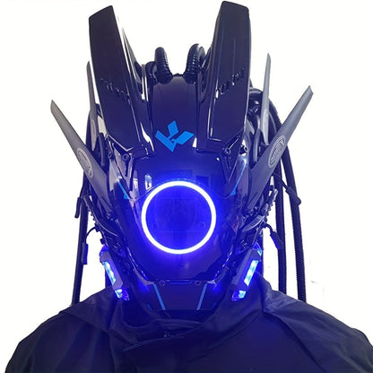LED Cyberpunk Samurai Mask with Braids – Futuristic Sci-Fi Mechanical Face Mask for Halloween, Cosplay, Music Festival & Rave Party, Blue Green Pink, Free Helmet Included, Adult Gift