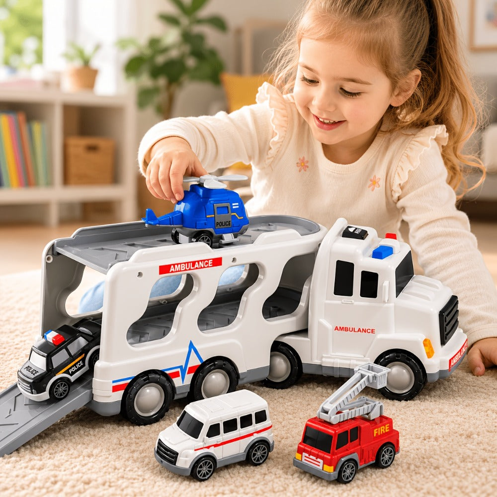 Ambulance Carrier Truck Toy Set 5-in-1 with Light & Sound for Kids Ages 3-8 – Friction Powered Rescue Vehicle Playset Fire Truck Police Car Helicopter Mini Cars Birthday Christmas Gift Boys Girls