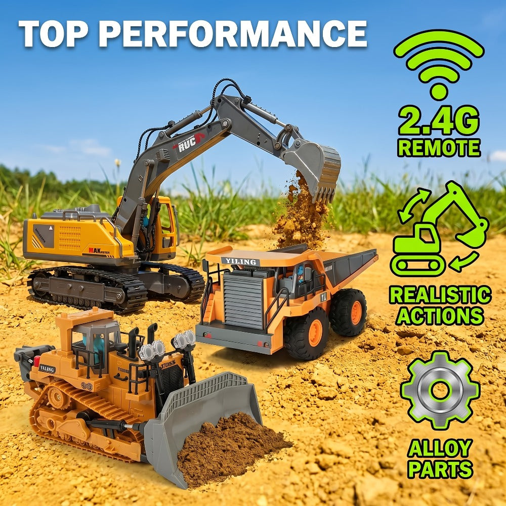RC Bulldozer 1:24 Scale Alloy with 680° Rotation & Working Arm – 2.4GHz Remote Control Construction Vehicle for Kids, Outdoor Sand & Grass All-Terrain Play, Birthday Christmas Gift for Boys Ages 6+