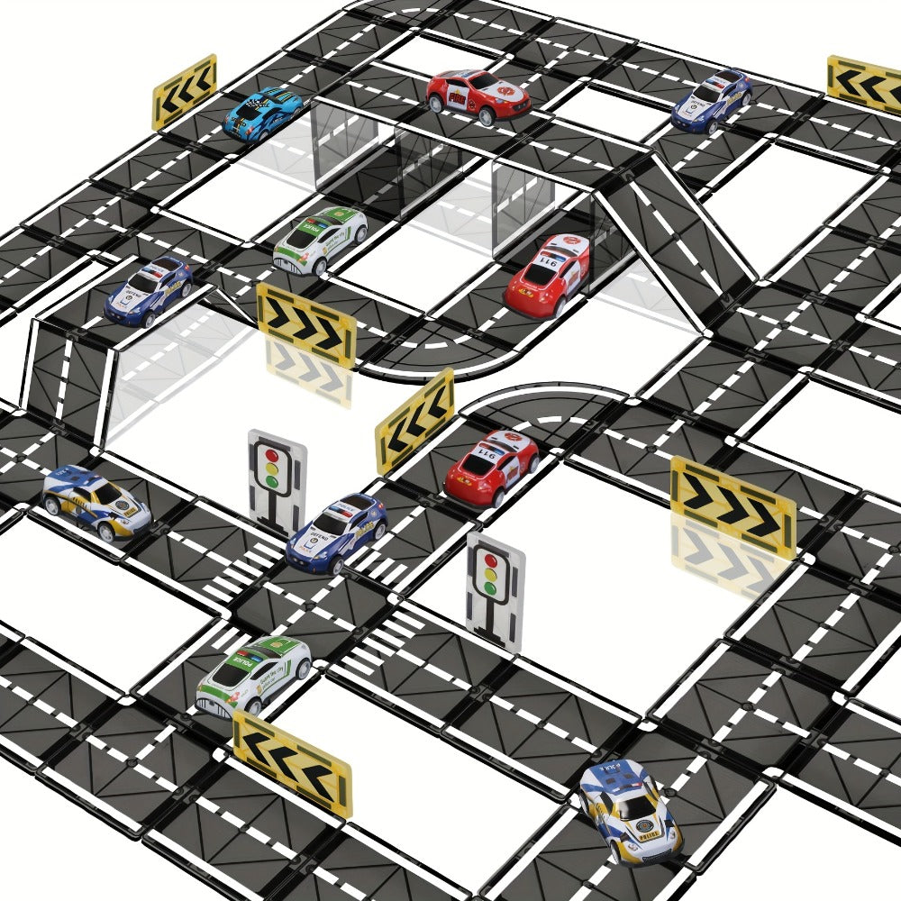 Magnetic Road Track Set 44 Pcs Kids Flexible Snap-Together Road Builder Tiles with Pull-Back Cars – STEM Construction Toy for Toddlers Boys Girls Ages 3+, Birthday Christmas Gift