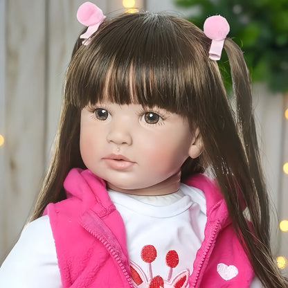 Princess Reborn Baby Doll 24 Inch Long Dark Hair – 60cm Handmade Newborn Girl Soft Vinyl & Cloth Body, Rosy Cheeks, Open Eyes, Birth Certificate & Outfit Included, Lifelike Gift for Kids & Collectors