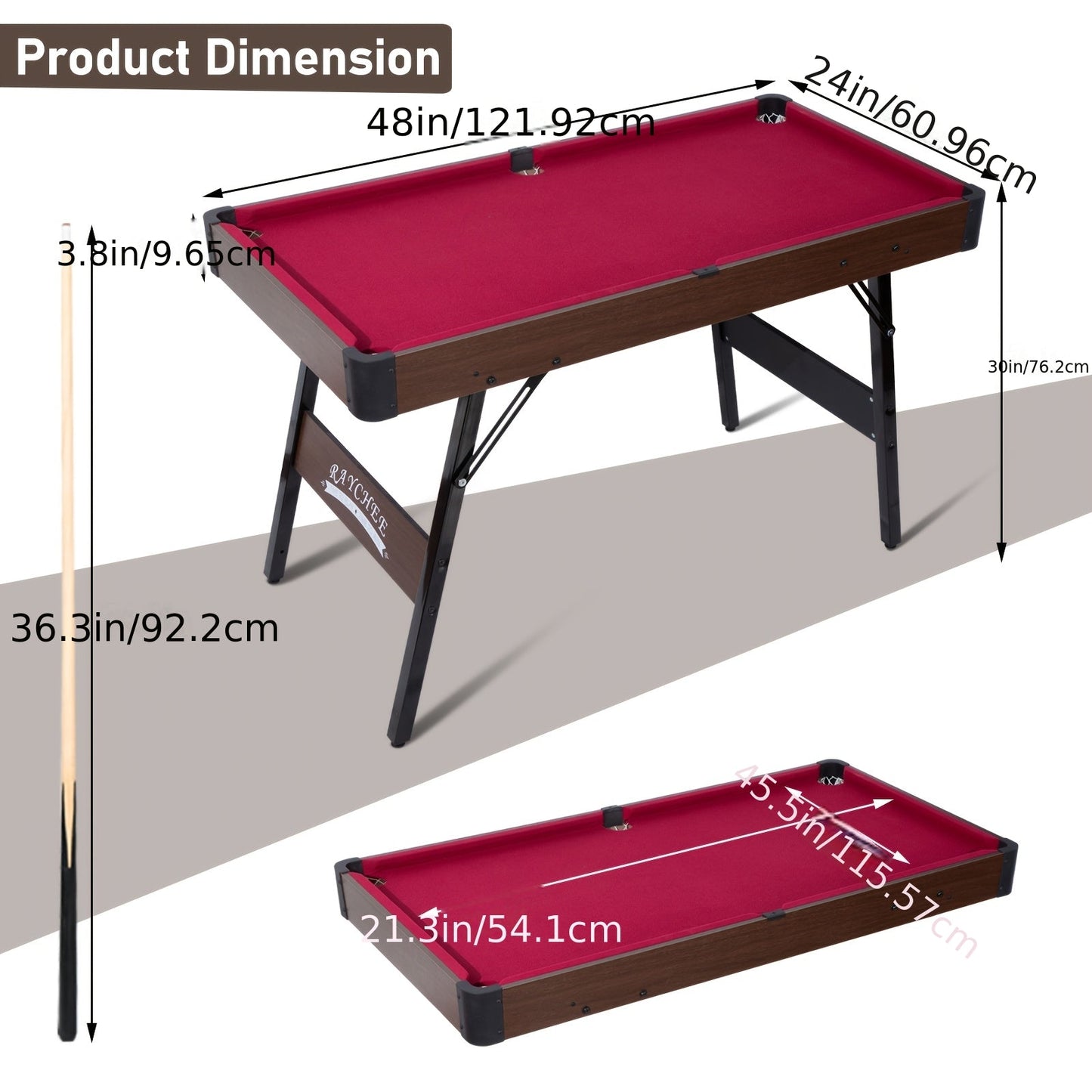 Folding Pool Table 48 Inch – Portable Billiard Table with Locking Legs Balls Cues Triangle Chalk Brush for Home Game Room