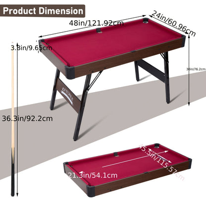 Folding Pool Table 48 Inch – Portable Billiard Table with Locking Legs Balls Cues Triangle Chalk Brush for Home Game Room