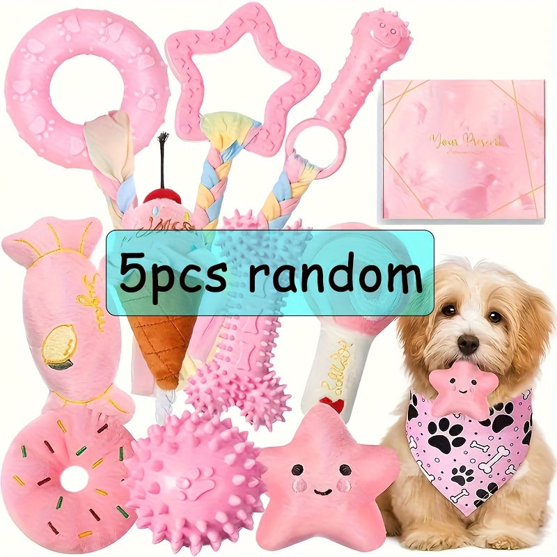 Puppy Chew Toy Set 5 Pieces - Non-Toxic Plush and Plastic Teeth Cleaning Toys for Small Dogs, Durable Teething Toy Bundle for Dental Health, Interactive Play and Self-Entertainment, Random Assortment