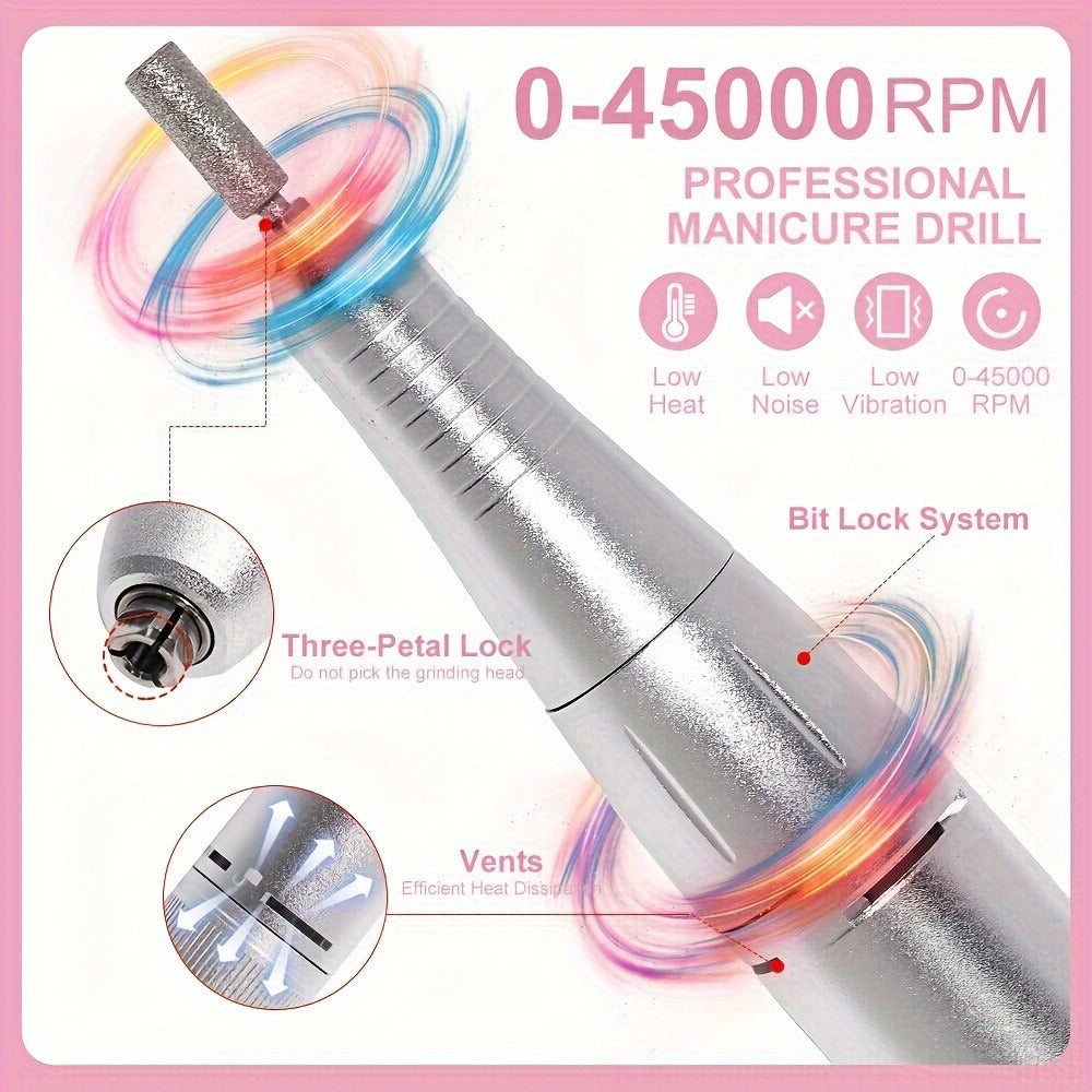 Low Noise Nail Drill Cordless 45000RPM Adjustable Speed with Power Display Portable Nail File Grinder for Gel Acrylic Nails Manicure Pedicure Home Salon Use Pink White Purple