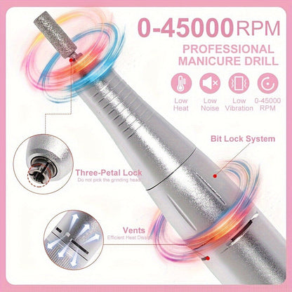 Low Noise Nail Drill Cordless 45000RPM Adjustable Speed with Power Display Portable Nail File Grinder for Gel Acrylic Nails Manicure Pedicure Home Salon Use Pink White Purple