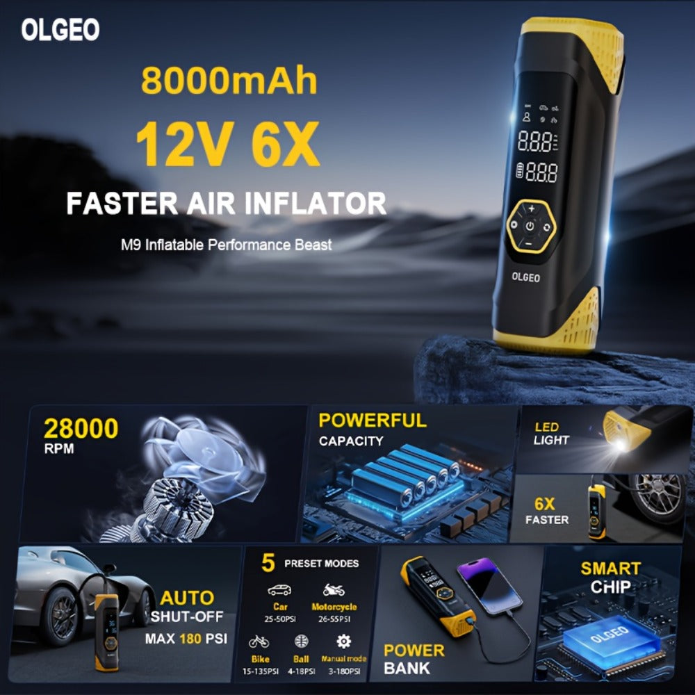 OLGEO M9 Portable Tire Inflator 180PSI Cordless Air Compressor 8-in-1 Fast Inflation 40-Min Battery Type-C Fast Charge LED Light for Car Bike Motorcycle Ball