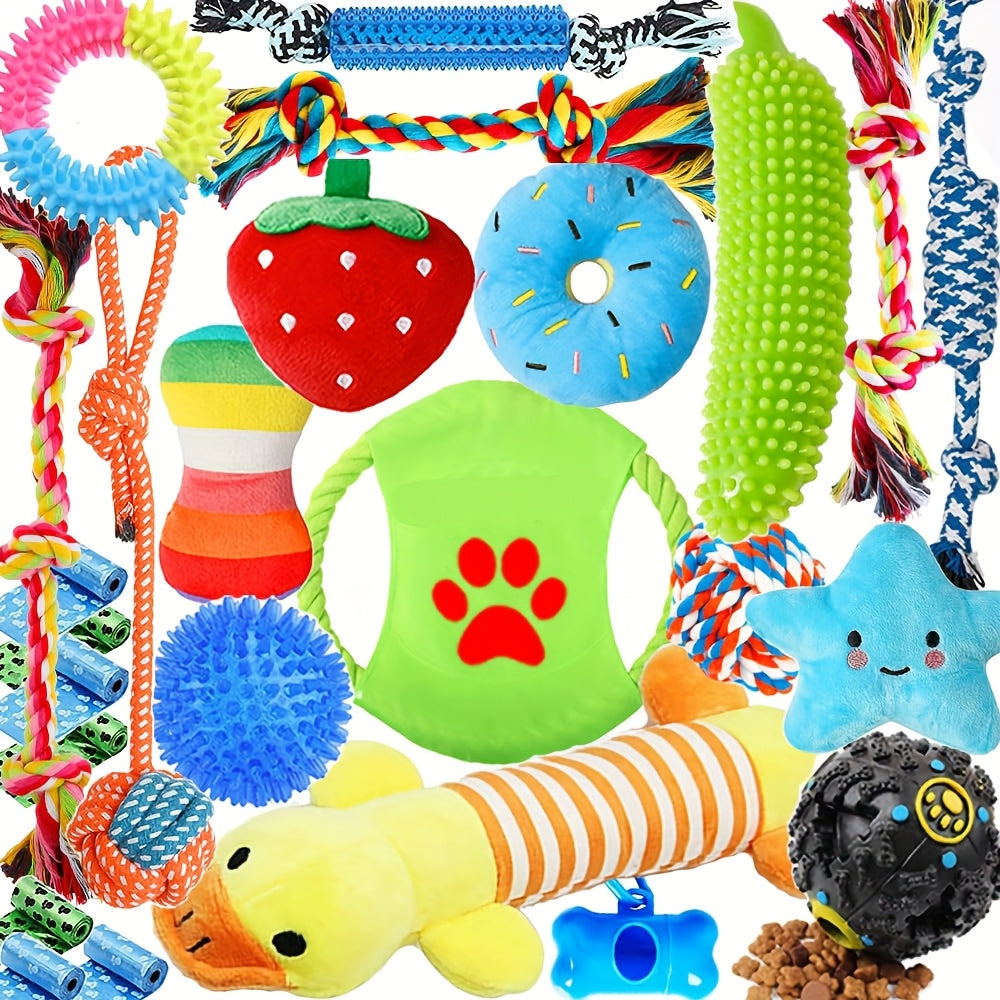 Dog Chew Toy Set 25 Pieces with Rope Toys Squeaky Toys Tug of War Teething Toys Treat Dispenser Ball Teeth Cleaning for Puppies Small Medium Large Dogs