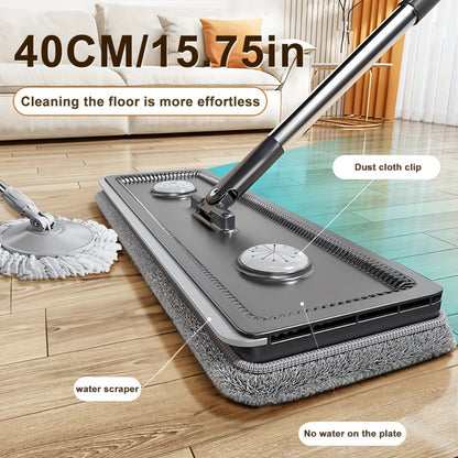Flat Mop and Bucket System with Washable Reusable Microfiber Pads Dual Bucket Wringer Wet Dry Floor Mop for Hardwood Tile Marble Wall Cleaning Stainless Steel Handle 12.99in or 15.74in Mop Head