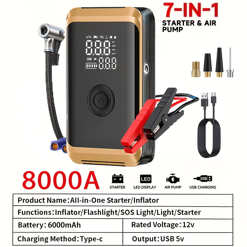 10000A 7-in-1 Multifunctional Emergency Start Power Supply, 150PSL Portable Car Battery Starter, Digital Tire Inflator, Suitable for 2.64 Gallon Gasoline Or 2.38 Gallon Diesel Batteries, LED Emergency Light, Car Accessory Tool.