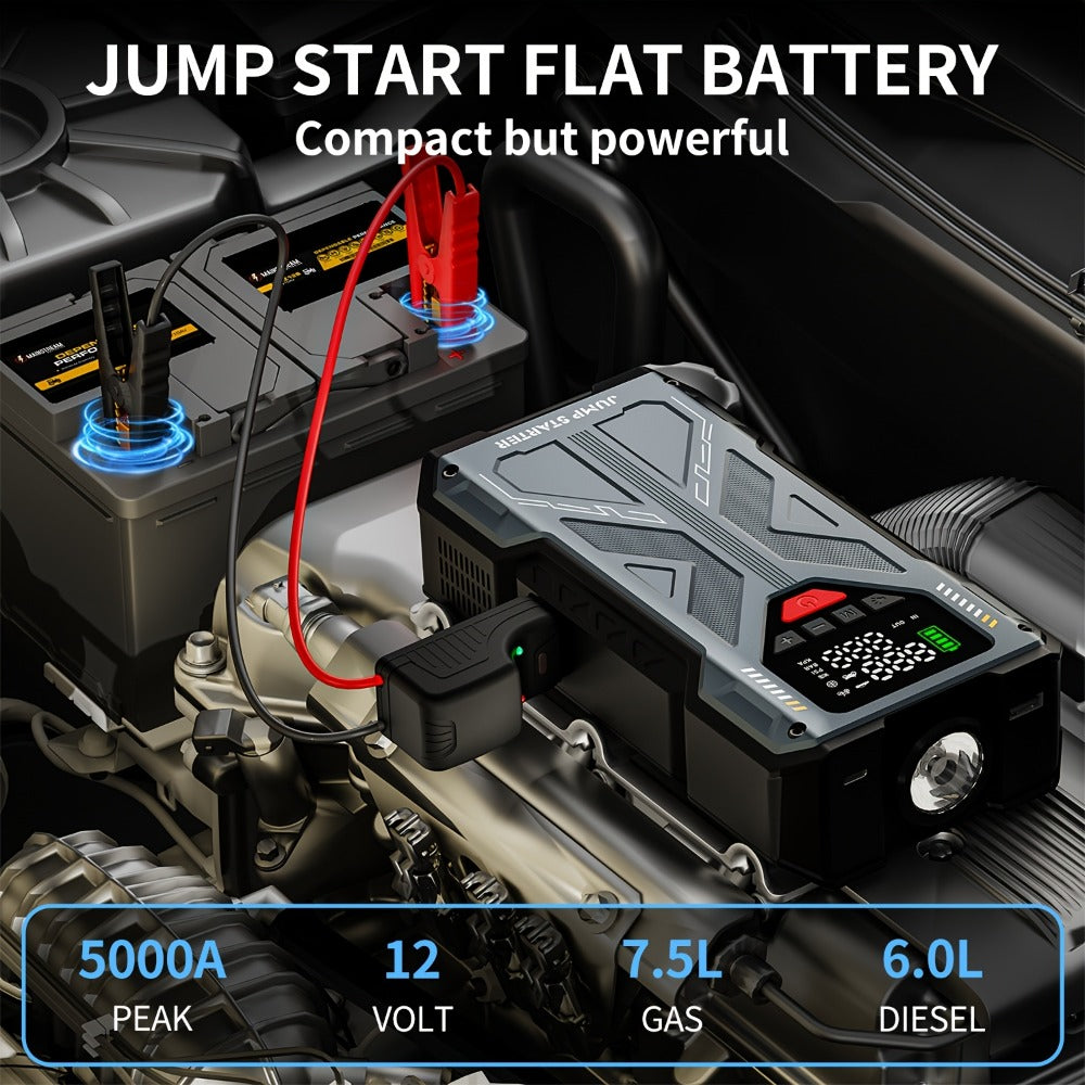 Portable Jump Starter 9-in-1 with Air Compressor – 12V Car Battery Booster for 8.0L Gas & 6.5L Diesel, USB-C, LED Emergency Light, Digital Display