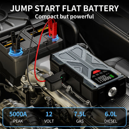 Portable Jump Starter 9-in-1 with Air Compressor – 12V Car Battery Booster for 8.0L Gas & 6.5L Diesel, USB-C, LED Emergency Light, Digital Display
